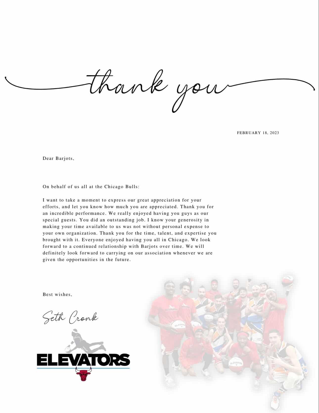 Message de remerciement des Bulls Elevators, équipe de basket acrobatique officielle des Chicago Bulls lors de notre show NBA à Chicago
